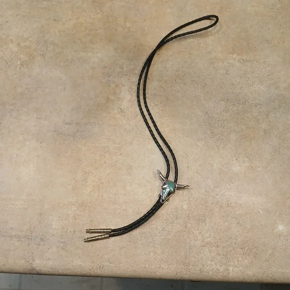 Silver Bull Skull Boho Tie | Turquoise Inlay - Picture 5 of 6